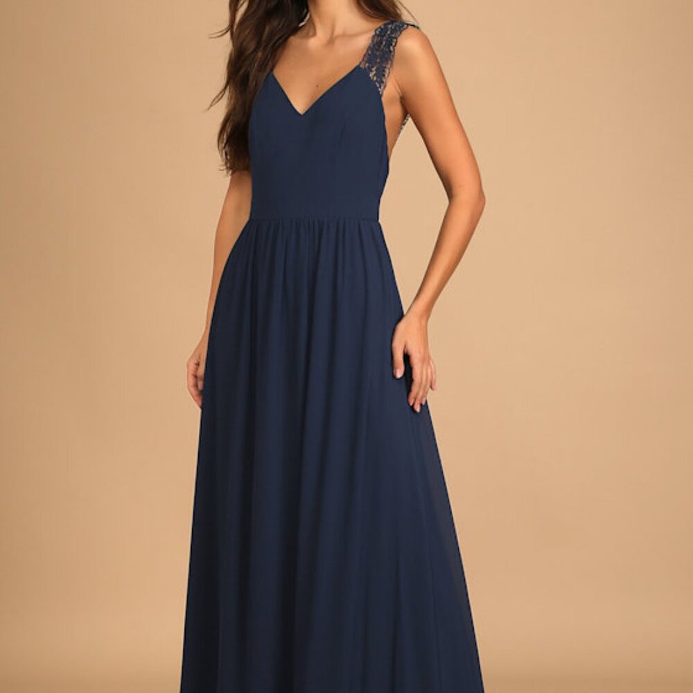Lulus Navy Blue Lace Strap V-neck Maxi Dress - Size S